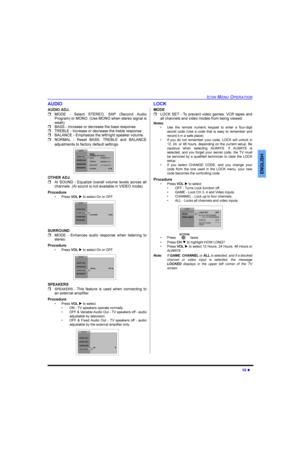 Page 17,&210(1823(5$7,21
l
(1*/,6+
$8,2
$8,2$-
r02(  6HOHFW 67(5(2 6$3 6HFRQG $XGLR
3URJUDPRU02128VH0212ZKHQVWHUHRVLJQDOLV
ZHDN
r%$66,QFUHDVHRUGHFUHDVHWKHEDVVUHVSRQVH
r75(%/(,QFUHDVHRUGHFUHDVHWKHWUHEOHUHVSRQVH
r%$/$1&((PSKDVL]HWKHOHIWULJKWVSHDNHUYROXPH
r1250$/  5HVHW %$66 75(%/( DQG %$/$1&(
DGMXVWPHQWVWRIDFWRU\GHIDXOWVHWWLQJV
27+(5$-
r$, 6281  (TXDOL]H RYHUDOO YROXPH OHYHOV DFURVV DOO...