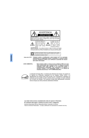 Page 26(63$f2/
&XDOTXLHU FDPELR R PRGLILFDFLyQ D HVWH UHFHSWRU GH 79 QR DSUREDGR
H[SUHVDPHQWH SRU 0DWVXVKLWD (OHFWULF &RUSRUDWLRQ RI $PHULFD SRGULD
SURYRFDU LQWHUIHUHQFLD GDxLQD TXH QXOLILFDUtD OD DXWRULGDG GHO XVXDULR
SDUDRSHUDUHVWHHTXLSR
(VWH SURGXFWR XWLOL]D XQ WXER GH UD\ RV FDWyGLFRV 75& DVt FRPR
RWURV FRPSRQHQWHV TXH FRQWLHQHQ SORPR (O GHVHFKR GH HVWRV
PDWHULDOHV SXHGH HVWDU UHJXODGR HQ VX FRPXQLGDG GHELGR D
FRQVLGHUDFLRQHV DPELHQWDOHV 3DUD...