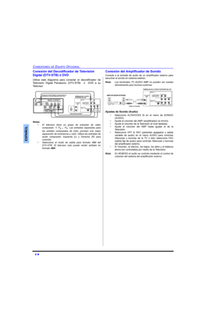 Page 32l
&21(;,21(6((48,3223&,21$/
(63$f2/
&RQH[LyQGHOHFRGLILFDGRUGH7HOHYLVLyQ
LJLWDO7967%y9
8WLOLFH HVWH GLDJUDPD SDUD FRQHFWDU HO GHFRGLILFDGRU GH
7HOHYLVLyQ LJLWDO 3DQDVRQLF 7967%  y  9 D VX
7HOHYLVRU

1RWDV
‡ (O WHOHYLVRU WLHQH XQ JUXSR GH HQWUDGDV GH YLGHR
FRPSXHVWR 