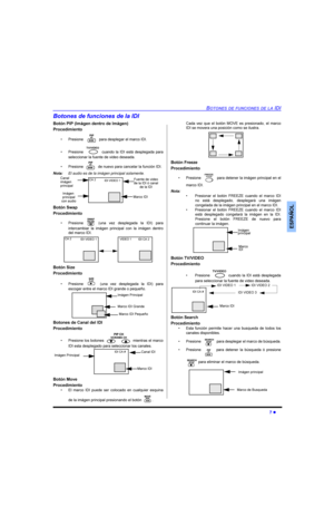 Page 33%2721(6()81&,21(6(/$,,
l
(63$f2/
%RWRQHVGHIXQFLRQHVGHOD,,
%RWyQ3,3,PiJHQGHQWURGH,PiJHQ
3URFHGLPLHQWR
‡ 3UHVLRQH SDUDGHVSOHJDUHOPDUFR,,
‡ 3UHVLRQH  FXDQGR OD ,, HVWi GHVSOHJDGD SDUD
VHOHFFLRQDUODIXHQWHGHYLGHRGHVHDGD
‡ 3UHVLRQH GHQXHYRSDUDFDQFHODUODIXQFLyQ,,
1RWD(ODXGLRHVGHODLPiJHQSULQFLSDOVRODPHQWH
%RWyQ6ZDS
3URFHGLPLHQWR
‡ 3UHVLRQH  XQD YH] GHVSOHJDGD OD ,, SDUD
LQWHUFDPELDU OD LPiJHQ SULQFLSDO FRQ OD LPiJHQ GHQWUR...