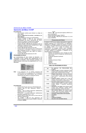 Page 42l
23(5$&,Ï1(/0(189&+,3
(63$f2/
2SHUDFLyQGHO0HQX9&+,3
3URFHGLPLHQWR
‡ 8VH HO WHFODGR QXPpULFR SDUD LQWURGXFLU VX FyGLJR GH
FXDWURGtJLWRV
8VH XQ FyGLJR IiFLO GH UHFRUGDU \ HVFUtEDOR HQ XQ
OXJDUVHJXUR
‡ 3UHVLRQH&+qSDUDVHOHFFLRQDU352*5$0$6
‡ 3UHVLRQHt92/y92/u SDUD VHOHFFLRQDU
352*5$0$6 ( ((88 3(/,&8/$6 ( ((88
,1*/(6(&$1$$y)5$1&(6(&$1$$
‡ 3UHVLRQH&+q
SDUDVHOHFFLRQDU$&7,9$2
‡ 3UHVLRQHt92/y92/u SDUD GHVSOHJDU OD WDEOD GH
FODVLILFDFLyQ...