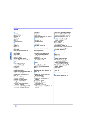 Page 46l
,1,&(
(63$f2/
$
$MXVWH
$MXVWHHO5HORM
$OWDYRFHV
$OWRV
$SDJDGR
$XGLR
$XWRHQFHQGLGR
%
%DMRV
%DODQFH
%ORTXHR
%RWyQ)UHH]H
%RWyQ0RYH
%RWyQ3,3,PiJHQGHQWURGH
,PiJHQ
%RWyQ6HDUFK
%RWyQ6L]H
%RWyQ6ZDS
%RWyQ799LGHR
%RWRQHVGH&DQDOGHO,,
%RWRQHVGHIXQFLRQHVGHOD,,
%ULOOR
&
&DEOHGH6XPLQLVWURGH
&RUULHQWH$OWHUQD
&DQDO,QIR
&DQDOHV
&yGLJRVGH&RPSRQHQWHV
&yGLJRVSDUD%6
&yGLJRVSDUDHFRGLILFDGRU&DEOH
&yGLJRVSDUD9...