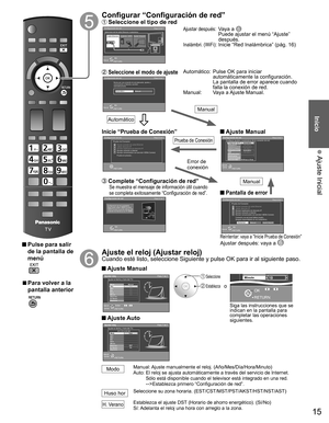 Page 1415
Inicio
 Ajuste Inicial
 Pulse para salir 
de la pantalla de 
menú
 
  ■Para volver a la 
pantalla anterior
Configurar “ Configuración de red” Seleccione el tipo de redConfiguración de red
Paso 6 de 7
Cable EthernetInalámbri. (WiFi) Ajustar después
RETURNOKSelección
Seleccione red de cable Ethernet o inalámbrica. 
Configuración de red completada.
Usted puede utilizar VIERA Connect.
VIERA Connect le permite disfrutar del 
contenido de Internet en su TV VIERA.
Configuración de red
Paso 6 de 7
RETURNOK...