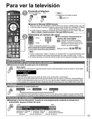 Page 1617
Inicio
Básico
 Para ver la televisión Ajuste Inicial
  Para ver la televisión
Encienda el televisor
o
(TV) (mando a distancia)Nota
  Seleccione la entrada correcta 
--> 
 (pág. 21)
  ■Aparece el Mensaje VIERA ConnectPresione el botón OK / INTERNET (o VIERA CAST) para ingresar a VIERA Connect. (pág. 43)  ●Para esconder el mensaje   Presione cualquier botón excepto OK / INTERNET (o VIERA 
CAST). (El tiempo límite de este mensaje es de 5 seg.)
  ●Puede configurar el estado de visualización del mensaje...