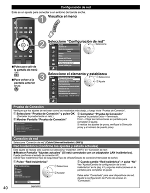 Page 3940
  Configuración de red
Este es un ajuste para conectar a un entorno de banda ancha.
  ■Pulse para salir de 
la pantalla de menú
  ■Para volver a la 
pantalla anterior
Visualice el menú
Seleccione “Configuración de red”MenúAjuste
1/2
Ajuste ANT/CableTítulos de entradas
Ajuste VIERA Link Configuración de red
Modo de navegación
Idioma
RelojTodos
Ajustes 3DSeleccione
Seleccione el elemento y establezca Seleccione
 Ajuste
MenúConfiguración de red
Vínculo de red
Cámaras en red Prueba de Conexión
Conexión de...