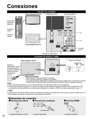 Page 910
  Conexiones
Paneles de conexión
  ■Terminal de antena  ■Terminal de contactos  ■Terminal HDMI
verdeazul rojo
verde/amarillo
  ●Apriete firmemente a mano.  ●Inserte firmemente.  ●Inserte firmemente.
 
Referencias de conexión
 
Conexión de  antena o cable
 
Cable  ●Usted necesita suscribirse a un servicio de televisión por cable para poder ver sus programas.  ●Puede que necesite suscribirse a un servicio de cable de alta definición (HD) para disfrutar de la programación HD.
La conexión para alta...