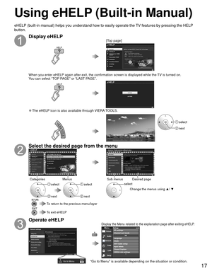 Page 1717
Using eHELP (Built-in Manual)
Display eHELP[Top page]
When you enter eHELP again after exit, the confirmation screen is displayed while the TV is turned on.
You can select “TOP PAGE” or “LAST PAGE”.
 
●The eHELP icon is also available through VIERA TOOLS.
 select
 next
Select the desired page from the menu
Categories MenusSub menus Desired page
 select
 next
 select
 next
select
Change the menus using  ▲/ ▼
 To return to the previous menu/layer
 To exit eHELP
Operate eHELP
“Go to Menu” is available...