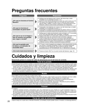 Page 2020
PreguntasRespuestas
Preguntas frecuentes
¿Por qué no funciona el Control 
Remoto?
 Verifique que las baterías sean nuevas, del mismo tipo y estén 
instaladas con la polaridad correcta (+ & -).
 Apunte el control remoto directamente al sensor de control remoto en el \
TV. Para operar otros dispositivos tales como el cambio de canal al utilizar\
 
cajas de cable o satélite o cuando se opere con reproductores Blu-ray\
 de 
Panasonic, utilice el control remoto suministrado con el dispositivo.
¿Por qué no...