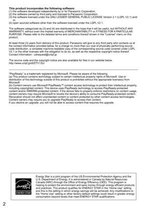 Page 22
This product incorporates the following software:(1) the software developed independently by or for Panasonic Corporation,
(2) the software owned by third party and licensed to Panasonic Corporation,
(3)  the software licensed under the GNU LESSER GENERAL PUBLIC LICENSE Version 2.1 (LGPL V2.1) and/
or,
(4) open sourced software other than the software licensed under the LGPL V2.1.
The software categorized as (3) and (4) are distributed in the hope that it will be useful, but WITHOUT ANY 
WARRANTY,...