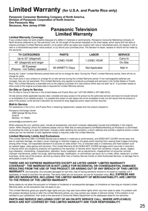 Page 2525
  Limited Warranty (for U.S.A. and Puerto Rico only)
Panasonic Consumer Marketing Company of North America,
Division of Panasonic Corporation of North America
One Panasonic Way
Secaucus, New Jersey 07094
Panasonic Television
Limited Warranty
Limited Warranty CoverageIf your product does not work properly because of a defect in materials or workmanship, Panasonic Consumer Marketing Company of 
North America (referred to as “the warrantor”) will, for the length of the period indicated on the chart...