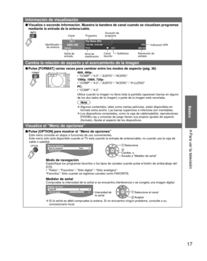 Page 1717
Básico
 
●Para ver la televisión
Información de visualización
 
■Visualiza o esconde información. Muestra la bandera de canal cuando se\
 visualizan programas 
mediante la entrada de la antena/cable. 
14-1
ABC-HD
Antena 7:00 AM - 8:00 AM
SPA
TV-G CC1 480i SD
The News 480iIdentificador 
de emisora Canal Programa
Duración de 
programa
Indicación SPA
Nivel de 
clasificación Canal 
favorito
Subtítulos Resolución de 
señales
Señal de 
entrada
Cambia la relación de aspecto y el acercamiento de la imagen...
