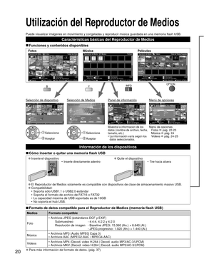 Page 2020
Utilización del Reproductor de Medios 
Puede visualizar imágenes en movimiento y congeladas y reproducir mú\
sica guardada en una memoria flash USB.
Características básicas del Reproductor de Medios
 
■Funciones y contenidos disponibles
OPTION
Fotos MúsicaPelículas
OPTIONUSB
 
EXIT
 RETURN
 
Reproductor de MediosFotos Todas las fotos
  
 Vista
Selección Información
Ajuste de diapositivas
Diaposi.Selecc. de VistaSelec. dispositivoSelección de MediosView SelectOPTIONUSB
 
EXIT
 RETURN
 
Reproductor de...