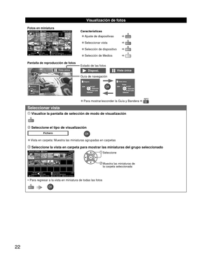 Page 2222
Visualización de fotos
Fotos en miniatura
OPTIONUSB
 
EXIT
 RETURN
 
Reproductor de MediosFotos Todas las fotos
  
 Vista
Selección Información
Ajuste de diapositivas
Diaposi.Selecc. de VistaSelec. dispositivoSelección de Medios
Características
 
●Ajuste de diapositivas  
 
●Seleccionar vista    
 
●Selección de dispositivo  
 
●Selección de Medios  
Pantalla de reproducción de fotos
Next
Prev. RotateRETURNStop
Vista única
 
 
Detener  
EXIT
Vista única
 
Selección
Rotar
 
RETURN
Estado de las fotos...