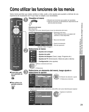 Page 2929
Funciones avanzadas
 
●Cómo utilizar las funciones de los menús
 
●Títulos de entradas
Cómo utilizar las funciones de los menús
Varios menús permiten que realice cambios al video, audio y otros ajus\
tes para ayudarlo a disfrutar de una 
experiencia de visualización de TV que mejor se adapte a sus necesidades. 
OK
MENU
 
■Pulse para salir 
de la pantalla de 
menú
 
■Para volver a la 
pantalla anterior
Visualice el  menú
MENU 
●Muestra las funciones que pueden ser ajustadas. 
●Algunas funciones se...