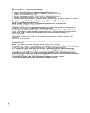 Page 22
Este producto incluye el siguiente software o tecnología:
(1) el software desarrollado independientemente por o para Panasonic C\
orporation,
(2) el software de propiedad de terceros y cedido bajo licencia a Pana\
sonic Corporation,
(3) el software desarrollado basándose parcialmente en el trabajo d\
e Independent JPEG Group,
(4) el software desarrollado por FreeType Project,
(5) el software distribuido bajo licencia GNU LESSER GENERAL PUBLIC LICENSE (LGPL) y/o,
(6) el software de código abierto...