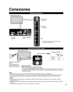 Page 1111
 Conexiones
Paneles de conexión
Antena de VHF/UHF•  NTSC (National Television System Committee):ATSC (Advanced Television Systems Committee):
Las normas de televisión digital incluyen la televisión de alta de\
finición digital (HDTV), la televisión 
de definición estándar (SDTV), la emisión de datos, el audio \
multicanal de sonido envolvente y la 
televisión interactiva.
  Conexión de antena o cable
 Cable 
●Usted necesita suscribirse a un servicio de televisión por cable para\
 poder ver sus...
