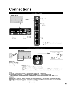 Page 1111
 Connections
Connection Panels
VHF/UHF Antenna•  NTSC (National Television System Committee):ATSC (Advanced Television Systems Committee):
Digital TV Standards include digital high-definition television (HDTV), standa\
rd-definition television 
(SDTV), data broadcasting, multi-channel surround sound audio and inte\
ractive television.
  Antenna or Cable connection
 Cable 
●You need to subscribe to a cable TV service to enjoy viewing their programming. 
●You may need to subscribe to a high-definition...