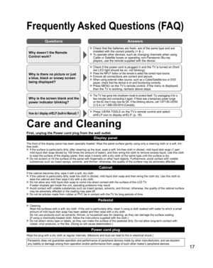 Page 1717
QuestionsAnswers
Care and Cleaning
First, unplug the Power cord plug from the wall outlet.
Display panel
The front of the display panel has been specially treated. Wipe the pane\
l surface gently using only a cleaning cloth or a soft, lint-
free cloth.
  If the surface is particularly dirty, after cleaning up the dust, soak a soft, lint-free cloth in diluted, m\
ild liquid dish soap (1 part 
mild liquid dish soap diluted by 100 times the amount of water), and th\
en wring the cloth to remove excess...