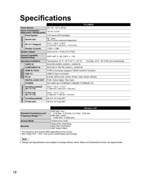 Page 1818
Specifications
TC-L60E55
Power Source AC 1
 10 - 127 V, 60 Hz
Power Consumption
(Rated power / Standby power)191 W / 0.2 W
Display PanelPanel System LCD panel (LED backlight)
Screen size 60 ” class
(59.5 inches measured diagonally)
W × H × Diagonal 51.9 ” × 29.2 ” × 59.5 ”
(1,319 mm × 742 mm × 1,513 mm)
Number of pixels 1,920 × 1,080
Speaker Output 20 W [10 W + 10 W] (10 % THD)
Channel Capability
(Digital/Analog) VHF/ UHF: 2 - 69, CATV: 1 - 135
Operating Conditions Temperature: 32 °F - 95 °F (0 °C -...