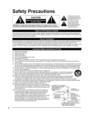 Page 44
ANTENNA
LEAD-IN WIRE
ANTENNA
DISCHARGE UNIT 
(NEC SECTION 810-20)
GROUNDING 
CONDUCTORS
 (NEC SECTION 810-21)
GROUND CLAMPS
POWER SERVICE GROUNDING 
ELECTRODE SYSTEM 
(NEC ART 250, PART H)
ELECTRIC 
SERVICE 
EQUIPMENT
GROUND CLAMP
EXAMPLE OF ANTENNA 
GROUNDING AS  PER 
(NEC) NATIONAL 
ELECTRICAL
CODE
Safety Precautions
Note to CATV System Installer
This reminder is provided to direct the CATV system installer’s attention to Article 820-40 of the NEC that provides guidelines for 
proper grounding and,...