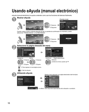 Page 4016
Usando eAyuda (manual electrónico)
Mostrar eAyuda
 Seleccione
 Siguiente
[Pantalla inicial]
Cuando vuelve a entrar a eAyuda después de salir, la pantalla de confirmación es mostrada y puede 
seleccionar
 “PÁGINA INICIAL” o “ÚLTIMA PÁGINA”.
 Seleccione
 Siguiente
Seleccione la página deseada del menú
Categorías SubmenúsMenús Página seleccionada
 Seleccione
 Siguiente
 Seleccione
 Siguiente
Seleccione
Cambie los menús usando ▲/ ▼
 Para regresar al menú/página previa
 Salir de eAyuda
Utilizando eAyuda...