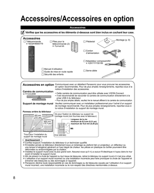 Page 568
Accessoires/Accessoires en option
Accessoires
Vérifiez que les accessoires et les éléments ci-dessous sont bien inclus en cochant leur case.
Accessoires
Télécommande N2QAYB000779Piles pour la 
télécommande (2)
 Format AA
Manuel d’utilisation
Guide de mise en route rapide
Sécurité des enfants
Piédestal 
Serre-câble
  Accessoires en optionCommuniquez avec un détaillant Panasonic pour vous procurer les accessoires
en option recommandés. Pour de plus amples renseignements, reportez-vous à la
notice...