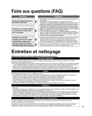 Page 6517
Questions Réponses
Foire aux questions (FAQ)
Pourquoi la télécommande ne 
fonctionne-t-elle pas?
 Vérifiez l’état des piles et assurez-vous qu’elles soient du même type et que la polarité (+, -) 
a été respectée.
 Pour piloter les fonctions d’autres appareils, tel le changement de canal sur un 
câblosélecteur ou un récepteur de télévision par satellite ou encore un lecteur Blu-ray d’une 
marque autre que Panasonic, utilisez la télécommande fournie avec l’appareil en question.
Pourquoi n’y a-t-il pas...