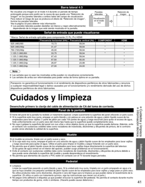 Page 4141
Información de soporte
 Cuidados y limpieza Información técnica
Barra lateral 4:3
No visualice una imagen en el modo 4:3 durante un periodo de tiempo 
prolongado porque esto podrá ser la causa de que quede una “Retenc\
ión de 
imagen’’ en los paneles laterales a ambos lados del campo de visualización.
Para reducir el riesgo de que se produzca el efecto de “Retención \
de imagen’’, 
ilumine los paneles laterales.
Vea la página 33 para obtener más información
 
●Los paneles laterales pueden destellar...