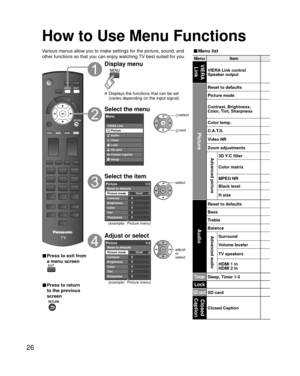Page 2626
MenuItemVIERA 
Link
VIERA Link control 
Speaker output
Picture
Reset to defaults
Picture mode
Contrast, Brightness,
Color, Tint, Sharpness
Color temp.
C.A.T.S.
Video NR
Zoom adjustments
Advanced picture3D Y/C filter 
Color matrix
MPEG NR
Black level
H size
Audio
Reset to defaults
Bass
Treble
Balance
Advanced audioSurround
Volume leveler
TV speakers
HDMI 1 in
HDMI 2 in
TimerSleep, Timer 1-5
Lock
SD cardSD card
Closed 
Caption
Closed Caption
How to Use Menu Functions
■ Menu list
Various menus allow you...