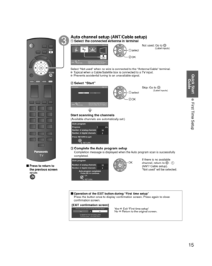 Page 1515
Quick Start Guide
 First Time Setup
 
 Press to return to 
the previous screen
Auto channel setup (ANT/Cable setup) Select the connected Antenna in terminalANT/Cable setup Step 3 of 6
Select “Not used” when viewing TV via
Satellite receiver or Cable box. Note: Select
“Cable” when viewing via Cable DTA Box.
CableAntenna
ANTENNA
Cable In
Not usedANTENNACable In
OK
RETURN
Select
 select
 OK
Not used: Go to  (Label 
inputs)
Select “Not used” when no wire is connected to the “Antenna/Cab\
le” terminal....