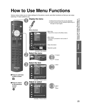 Page 2525
Viewing
25
Viewing
Advanced
 How to Use Menu Functions Watching Videos and DVDs
How to Use Menu Functions
Various menus allow you to make settings for the picture, sound, and othe\
r functions so that you can enjoy 
watching TV best suited for you.
 Press to exit from a menu screen
 Press to return to the previous 
screen
 
Display the menu
  Shows the functions that can be adjusted.  Some functions will be disabled depending on  the type of input signal.
Edit
RETURN
ABC Delete
abc
Menu
Select or...