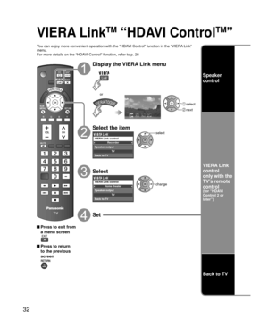 Page 3232
VIERA LinkTM “HDAVI ControlTM”
You can enjoy more convenient operation with the “HDAVI Control” function in the “VIERA Link” 
menu.
For more details on the “HDAVI Control” function, refer to p. 28
 Press to exit from a menu screen
 Press to return to the previous 
screen
Display the VIERA Link menu
 select
 next
VIERA Link
or
Select the item
Recorder
TV
VIERA Link control
Speaker output
Back to TV
select
Select
Home theater
TV
VIERA Link control
Speaker output
Back to TVchange
Set
Speaker 
control...