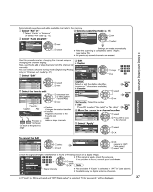Page 3737
Advanced
 Editing and Setting Channels
Automatically searches and adds available channels to the memory.
 Select “ANT in”    Select “Cable” or “Antenna” 
Or select “Not used” (p. 15). 
 Select “Auto program”
MenuCableANT/Cable setupANT in
Auto program
Manual program
Signal meter next
 select
 Select a scanning mode 
(p. 15)MenuAuto programAll channels
Analog only
Digital only OK
 select
Settings are made automatically  After the scanning is completed, select “Apply”.
(see below ). All previously saved...