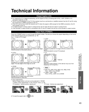 Page 4343
FAQs, etc.
 Technical Information Ratings List for Lock
Technical Information
Closed Caption (CC)
 For viewing the CC of digital broadcasting, set the aspect to FULL (If viewing with H-FILL, JUST, ZOOM or 4:3; 
characters might be cut off).  
 The CC can be displayed on the TV if the receiver (such as a set-top box or satellite receiver) has t\
he CC set On using 
the Component or HDMI connection to the TV.  
 If the CC is set to On on both the receiver and TV when the signal is 480i (except for the...