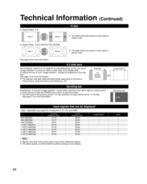 Page 4646
Technical Information (Continued)
H size
 Aspect Ratio: 4:3
Size 1Size 2 The width will be decreased on both sides to 
reduce noise.
 Aspect Ratio: FULL/JUST(H-FILL/ZOOM)
Size 1Size 2 The width will be increased on both sides to 
reduce noise.
See page 26 for more information
4:3 side bars
Do not display a picture in 4:3 mode for an extended period, as this can\
 cause 
“Image retention” to remain on either or both sides of the display\
 field.
To reduce the risk of such “Image retention”, change the...