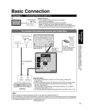 Page 1111
Quick Start Guide
 Basic Connection (Antenna + TV) Accessories/Optional Accessory
To connect the antenna terminal and Cable Box
ANT OUTANT IN
COMPONENT
IN
VIDEOIN
1
12
S
VIDEO
Y
YHDMI 1HDMI 2
SVIDEO
Y
Y
HDMI 1HDMI 2
Basic Connection
Note
   Not all cables and external equipment shown in this book are supplied wi\
th the TV. For more details on the external equipment’s connections, please refer to the operating manuals for the equipment. When disconnecting the power cord, be absolutely sure to...