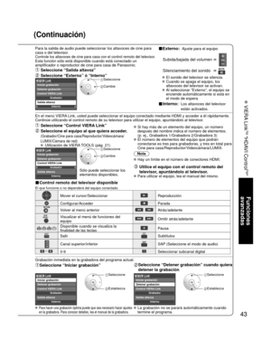 Page 11743
Funciones 
avanzadas
 VIERA Link
TM “HDAVI Control
TM”
(Continuación)
Para la salida de audio puede seleccionar los altavoces de cine para 
casa o del televisor.
Controle los altavoces de cine para casa con el control remoto del telev\
isor.Esta función sólo está disponible cuando está conectado un 
amplificador o reproductor de cine para casa de Panasonic.
■Externo:  Ajuste para el equipo
 Subida/bajada del volumen  
  Silenciamiento del sonido  
  El sonido del televisor se silencia.
    Cuando se...