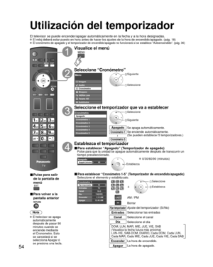 Page 12854
Utilización del temporizador 
El televisor se puede encender/apagar automáticamente en la fecha y a\
 la hora designadas. El reloj deberá estar puesto en hora antes de hacer los ajustes de la\
 hora de encendido/apagado. (pág. 18) El cronómetro de apagado y el temporizador de encendido/apagado no fu\
ncionará si se establece “Autoencendido”. (pág. 36)
■ Pulse para salir 
de la pantalla de 
menú
■ Para volver a la 
pantalla anterior
Nota
 El televisor se apaga automáticamente 
después de pasar 90...