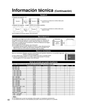 Page 13460
Información técnica (Continuación)
Barra lateral 4:3
No visualice una imagen en el modo 4:3 durante un periodo de tiempo 
prolongado porque esto podrá ser la causa de que quede una “Retenc\
ión de 
imagen’’ en los paneles laterales a ambos lados del campo de visualización.
Para reducir el riesgo de que se produzca el  efecto de “Retención\
 de imagen’’, 
ilumine los paneles laterales.
Vea las páginas 36-37 para obtener más información
 Los paneles laterales pueden destellar (en blanco y negro...