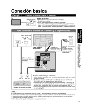 Page 8511
Guía de inicio rápido
 Conexión básica (Antena + TV) Accesorios/Accesorio  opcional
Para conectar la terminal de la antena y la caja de cables
ANT OUTANT IN
COMPONENT
IN
VIDEOIN
1
12
S
VIDEO
Y
YHDMI 1HDMI 2
SVIDEO
Y
Y
HDMI 1HDMI 2
Conexión básica
Nota
   Con el televisor no se suministran todos los cables y equipos externos m\
ostrados en este manual.   Para conocer los detalles de las conexiones de los equipos externos, con\
sulte los manuales de instrucciones de cada equipo. Cuando desconecte el...