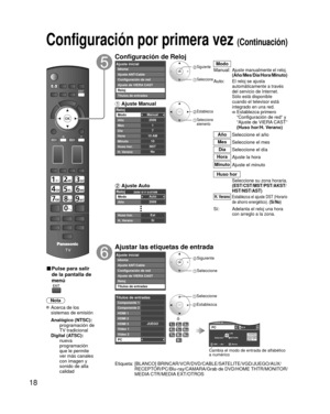 Page 9218
Configuración por primera vez (Continuación)
■ Pulse para salir 
de la pantalla de 
menú
Nota
 Acerca de los sistemas de emisión
 Analógico (NTSC):
     programación de 
TV tradicional
 Digital (ATSC):
     nueva 
programación 
que le permite 
ver más canales 
con imagen y 
sonido de alta 
calidad
Configuración de Reloj
Ajuste inicialIdioma
Ajuste de VIERA CAST Configuración de red
Reloj Ajuste ANT/Cable
Títulos de entradas Siguiente
 Seleccione
Modo
Manual:
Ajuste manualmente el reloj....