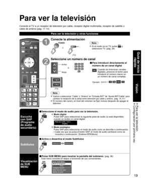 Page 9319
Guía de inicio rápido
Visión
 Para ver la televisión Configuración por primera vez
Para ver la televisión
Conecte el TV a un receptor de televisión por cable, receptor digital multimedia\
, receptor de satélite o 
cable de antena (pág. 11-14)
Para ver la televisión y otras funciones
Conecte la alimentación
(TV)
ó
Nota
 Si el modo no es TV, pulse  y 
seleccione TV. (pág. 26)
Seleccione un número de canal
Arriba
Abajo
ó
■ Para introducir directamente el 
número de un canal digital
Cuando se sintonicen...