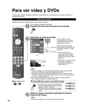 Page 10026
Para ver vídeo y DVDs
Si tiene algún equipo conectado al televisor, usted podrá ver la reproducción de vídeos y DVDs en la 
pantalla del televisor.
Seleccionar entrada
Puede seleccionar el equipo externo al que quiera acceder. 
■ Para volver al TV
  
Con el equipo conectado encendido
Visualización del menú de selección de entrada
Seleccione el modo de entrada
Seleccionar entradaTV12345678
Componente 1
Componente 2
HDMI 1
HDMI 2
HDMI 3
Video 1
Video 2
9PCAUX
JUEGO
JUEGO
JUEGO
(ejemplo)
ó
 Seleccione...