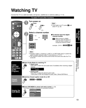 Page 1919
Quick Start Guide
Viewing
 Watching TV First Time  Setup
Watching TV
Connect the TV to a cable box/cable, set-top-box, satellite box or antenna cable (p\
. 11-14)
To watch TV and other functions
Turn power on
(TV)
or
Note
 If the mode is not TV, press  and 
select TV. (p. 26)
Select a channel number
up
down
or
■ To directly input the digital 
channel number
When tuning to a digital 
channel, press the button to 
enter the minor number in a 
compound channel number.
example:  CH15-1: 
   
(TV)
Note...