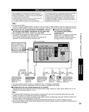 Page 3939
Funciones 
avanzadas
 VIERA Link
TM “HDAVI Control
TM”
COMPONENT
IN
VIDEOIN
1
12
VIDEO
S
VIDEO
AUDIORPRPBY
L
R
PRPBY
L
R L
R LTO
AUDIO
AMP
HDMI 1HDMI 2
AUDIO
OUT
VIDEO
SVIDEO
AUDIORPRPBYL
RRPRPBYLRL
RLTOAUDIOAMPAUDIOOUT
VIERA LinkTM Conexiones
Siga los diagramas de conexiones de abajo para hacer el 
control HDAVI de un solo equipo AV como, por ejemplo, una 
Grabadora DVD(DIGA), un equipo de cine para casa RAM ó 
un reproductor de cine para casa.
Consulte la página 40-43 para conocer la configuración...