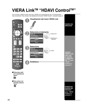 Page 4242
VIERA LinkTM “HDAVI ControlTM” 
Con la función “HDAVI Control” del menú “VIERA Link” puede disfrutar de un funcionamiento 
más conveniente. Para conocer más detalles de la función “HD\
AVI Control”, consulte la pág. 38.
■ Pulse para salir 
de la pantalla de 
menú
■ Para volver a la 
pantalla anterior
 
Visualización del menú VIERA Link
Seleccione el elemento
Grabador
Interno
Control VIERA Link
Salida altavoz Iniciar grabación
Detener grabación
 Seleccione
 Establezca ó Siguiente
Seleccione
Cine para...