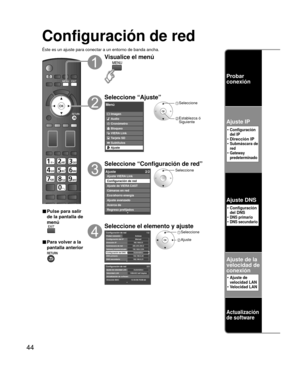Page 4444
Configuración de red
Éste es un ajuste para conectar a un entorno de banda ancha.
■ Pulse para salir 
de la pantalla de 
menú
■ Para volver a la 
pantalla anterior
Visualice el menú
Seleccione “Ajuste”
Menú
VIERA Link Imagen
Audio
Cronómetro
Bloqueo
Tarjeta SD
Subtítulos
Ajuste
 Seleccione
 Establezca ó Siguiente
Seleccione “Configuración de red”
Ajuste 2/2
Ajuste avanzado
Acerca de
Regreso prefijados Ajuste VIERA Link
Configuración de red
Ajuste de VIERA CASTCámaras en red
Eco/ahorro energía...