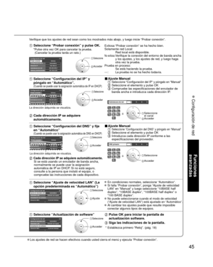 Page 4545
Funciones 
avanzadas
 Configuración de red
Los ajustes de red se hacen efectivos cuando usted cierra el menú y e\
jecuta “Probar conexión”.
Verifique que los ajustes de red sean como los mostrados más abajo, y \
luego inicie “Probar conexión”.
  Seleccione “Probar conexión” y pulse OK.Exitosa: “Probar conexión” se ha hecho bien.
Solamente red Local:
    Red local está disponible.
No exitosa:  Verifique la conexión del entorno de banda ancha 
y los ajustes, y los ajustes de red, y luego haga 
otra vez...