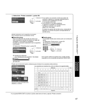 Page 4747
Funciones 
avanzadas
 Ajuste de VIERA CAST
TM
Los ajustesVIERA CAST se activan cuando usted cierra el menú y ejecuta “Probar conexió\
n”.
 Seleccione “Probar conexión” y pulse OK.
Ajuste de VIERA CASTDirección proxy
Puerto proxy0
---Probar conexión
 Seleccione
 Acceder
   Si se realiza una conexión al sitio de pruebas de 
conexión y aparece un mensaje indicando que la 
conexión se ha establecido con éxito.
 Los ajustes están bien.  Si la conexión no se logra establecer Aparece en pantalla un mensaje...