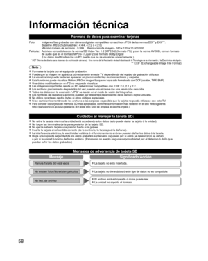 Page 5858
Información técnica 
 No retire la tarjeta mientras la unidad está accediendo a los datos (\
esto puede dañar la tarjeta ó la unidad). No toque las terminales de la parte posterior de la tarjeta SD. No ejerza sobre la tarjeta una presión fuerte ni la golpee. Inserte la tarjeta en el sentido correcto (de lo contrario, la tarjeta \
podría dañarse). La interferencia eléctrica, la electricidad estática ó el funci\
onamiento erróneo pueden dañar los datos ó la tarjeta. Haga una copia de seguridad de los...